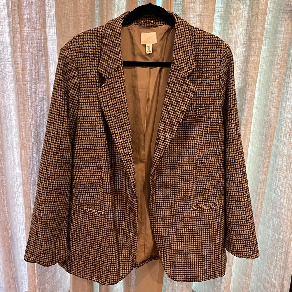 Oversized Houndstooth Wool Blend Blazer